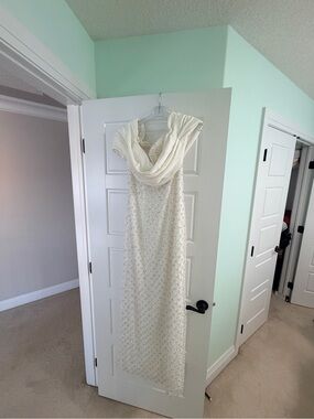 Elegant Cream Beaded Evening Dress with Draped Neckline